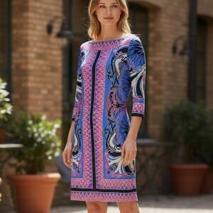 Donna Morgan Paisley Shift Dress Sz 4 Blue/Pink Stretchy 3/4 Sleeves Boat Neck
